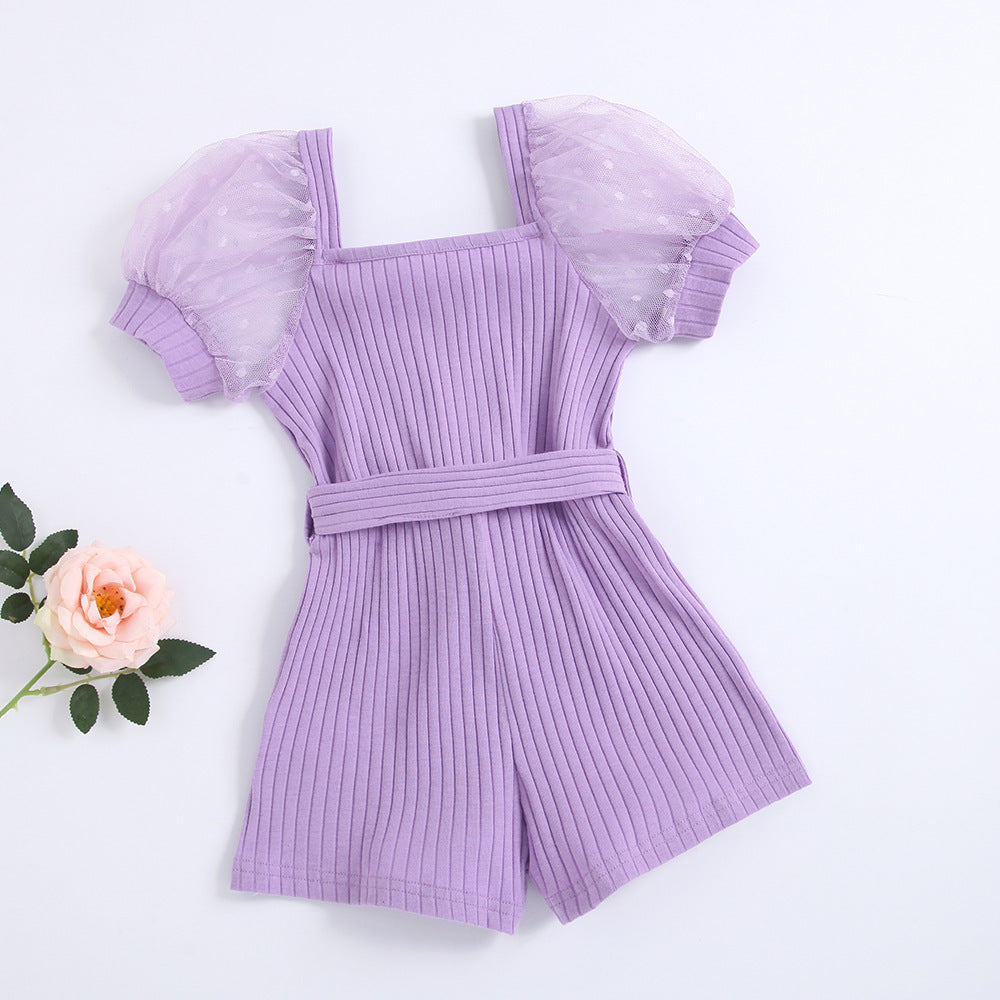 Girls' Square Collar Puff Sleeve Jumpsuit with Belt Elegant & Adorable