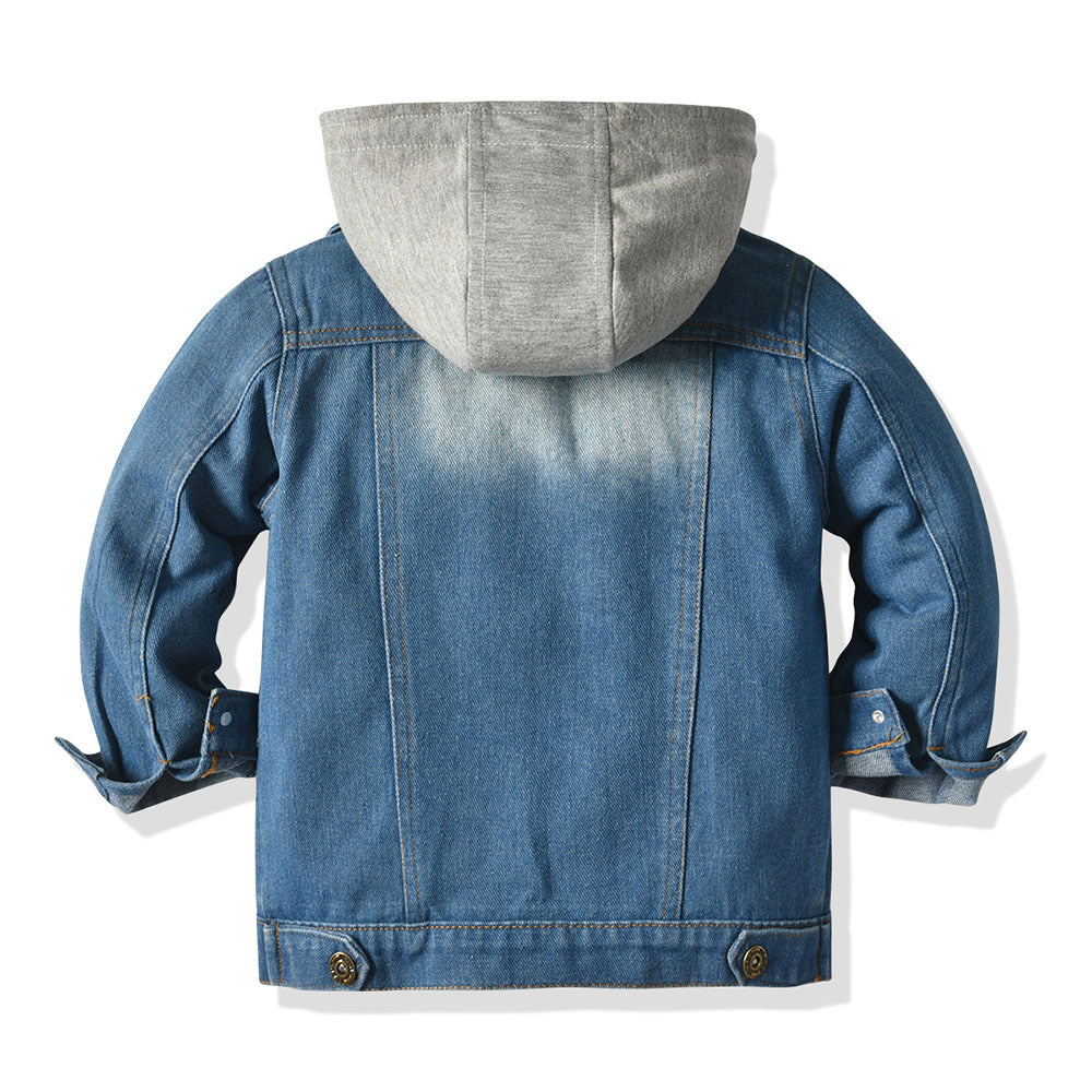 Chaqueta vaquera falsa de dos piezas para niños, sudadera informal de moda con capucha para niños