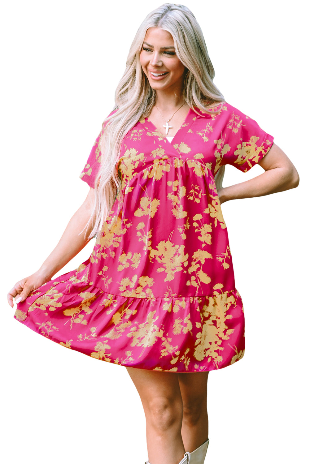 Vestido corto con volantes, escote cruzado y manga corta con estampado floral en rosa