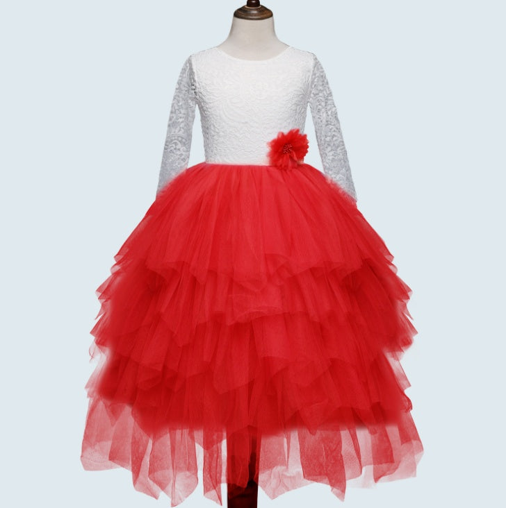 Falda hueca de otoño e invierno con explosiones para niñas, vestido de princesa blanco de manga larga con encaje, vestido irregular