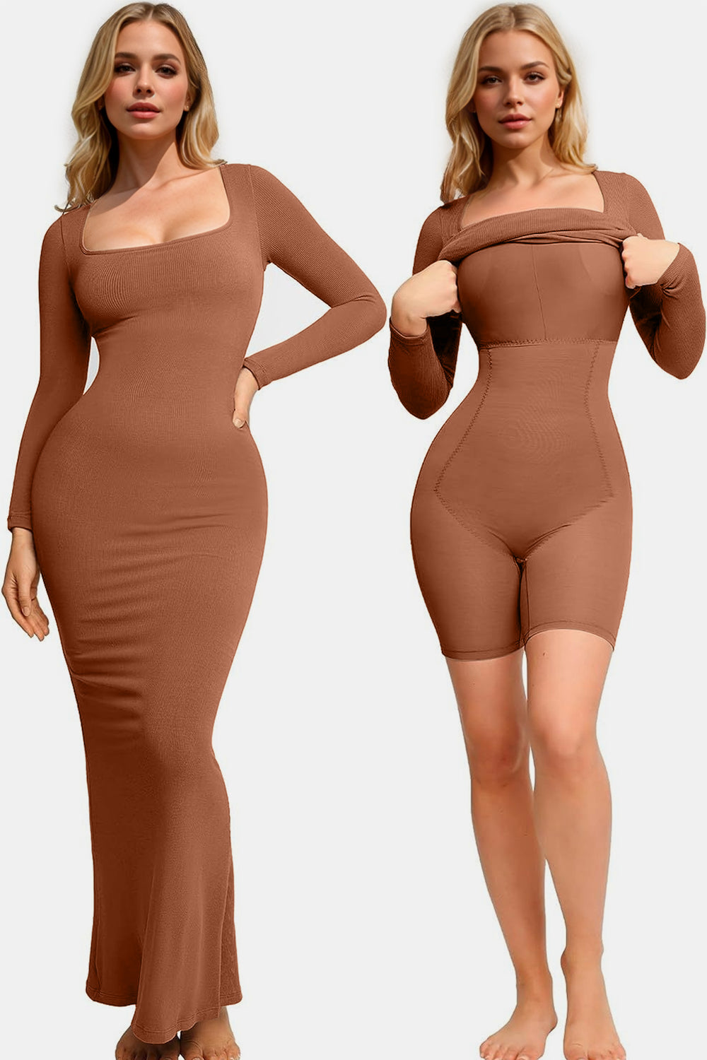 Vestido largo de manga larga con escote cuadrado y faja incorporada Basic Bae