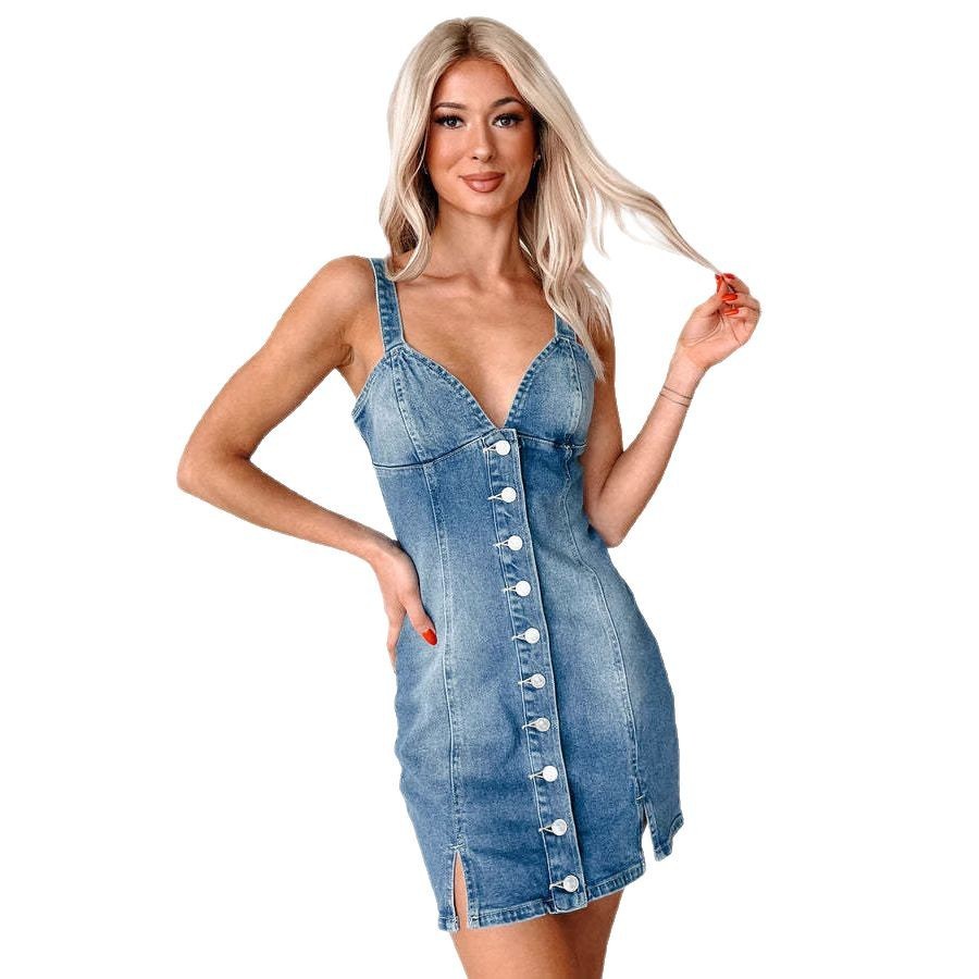 Breasted Cardigan Denim Dress Deep V-neck