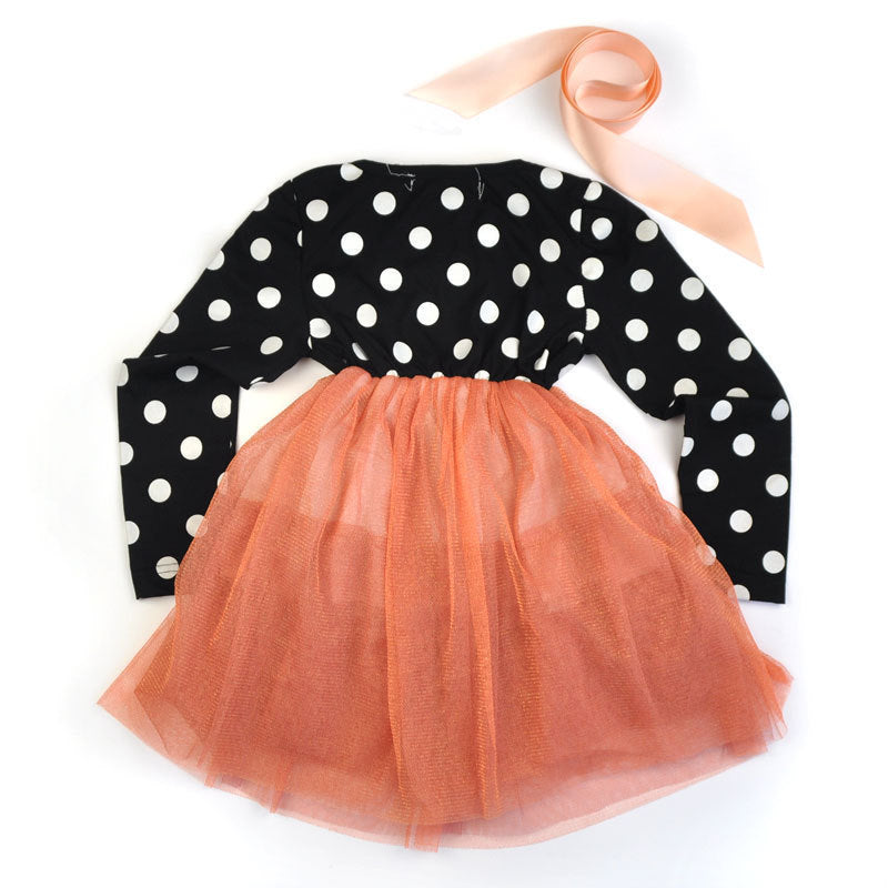 Vestido de lunares británico de manga larga para niña, tutú de hilo de red