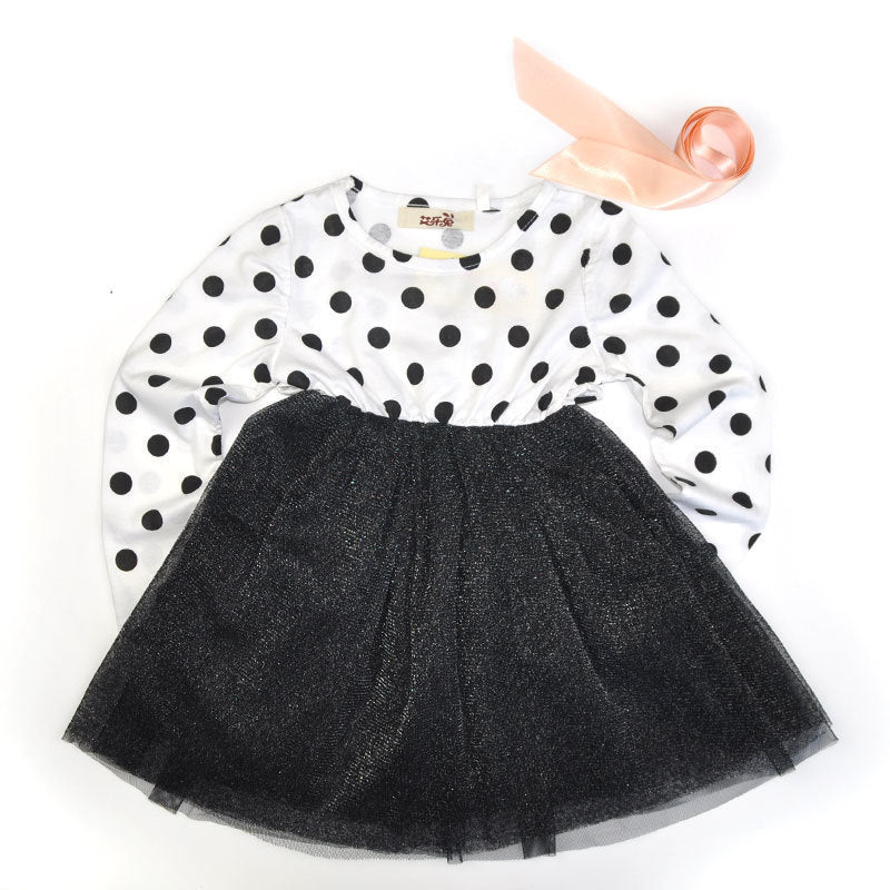Vestido de lunares británico de manga larga para niña, tutú de hilo de red