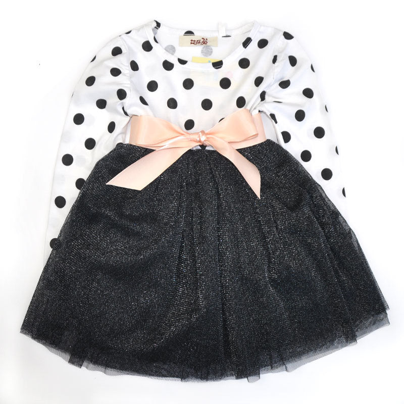 Vestido de lunares británico de manga larga para niña, tutú de hilo de red