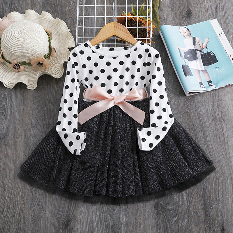Vestido de lunares británico de manga larga para niña, tutú de hilo de red