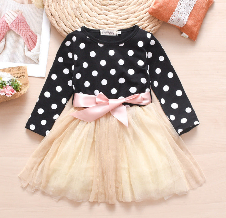 Vestido de lunares británico de manga larga para niña, tutú de hilo de red