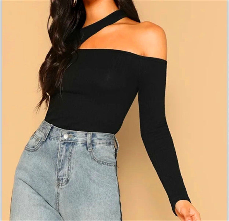Camiseta de manga larga sin tirantes oblicua para mujer