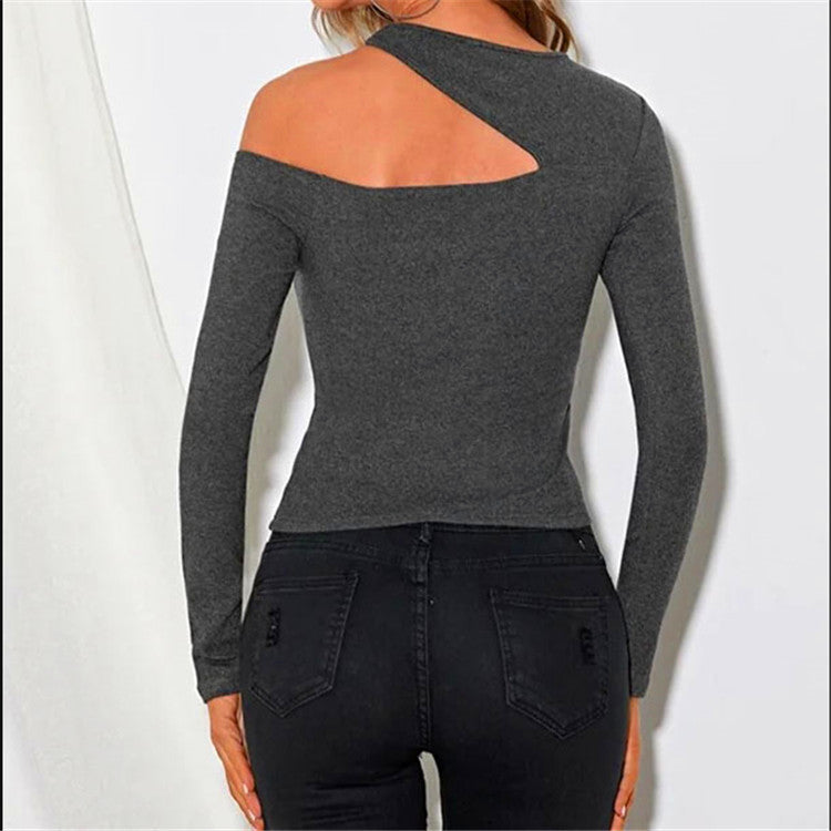Camiseta de manga larga sin tirantes oblicua para mujer