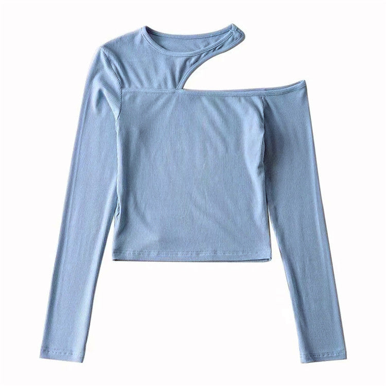 Camiseta de manga larga sin tirantes oblicua para mujer