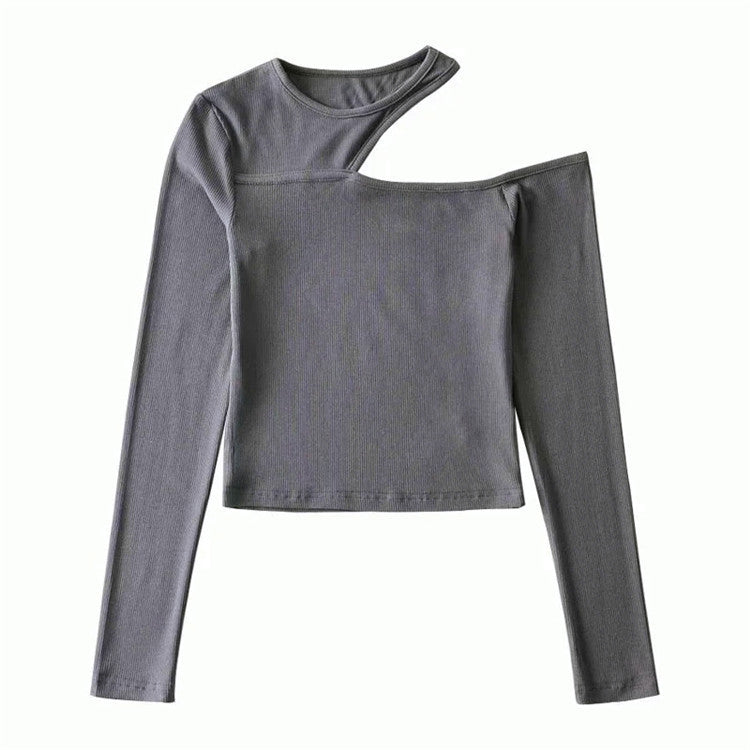 Camiseta de manga larga sin tirantes oblicua para mujer