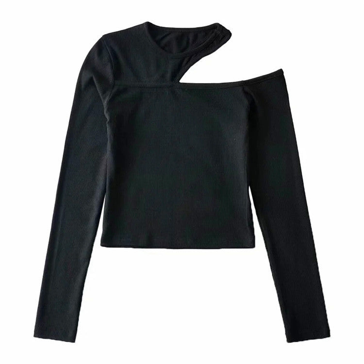 Camiseta de manga larga sin tirantes oblicua para mujer