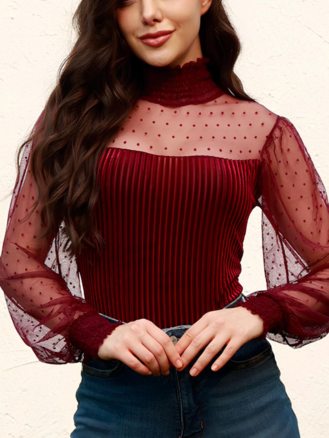 Body de manga larga con cuello alto fruncido