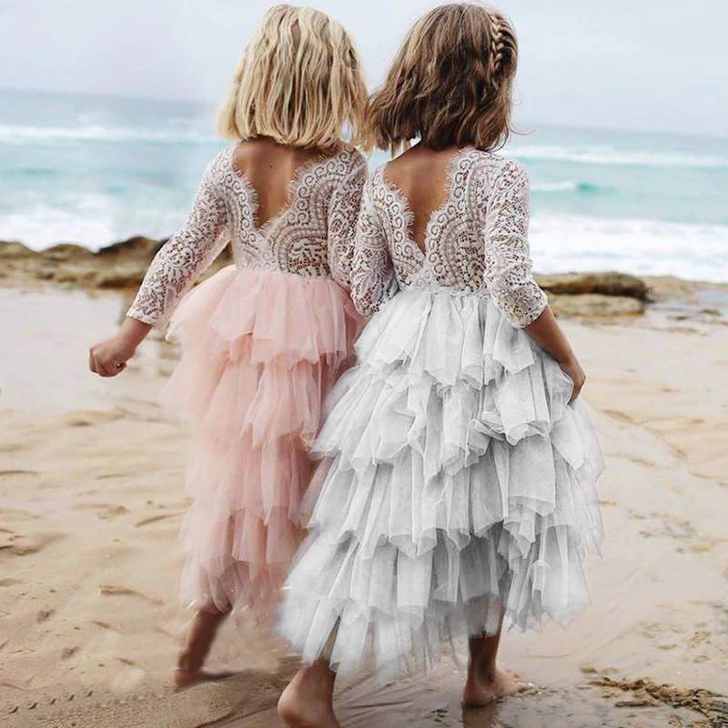 Falda hueca de otoño e invierno con explosiones para niñas, vestido de princesa blanco de manga larga con encaje, vestido irregular
