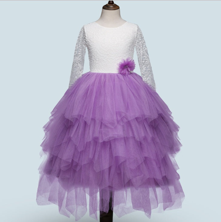Falda hueca de otoño e invierno con explosiones para niñas, vestido de princesa blanco de manga larga con encaje, vestido irregular
