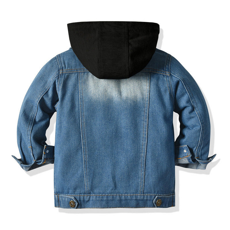 Chaqueta vaquera falsa de dos piezas para niños, sudadera informal de moda con capucha para niños