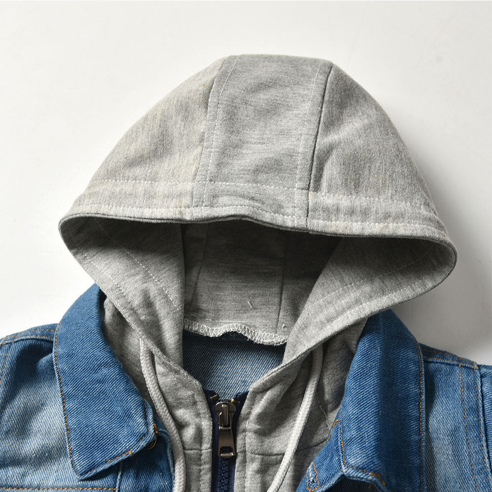 Chaqueta vaquera falsa de dos piezas para niños, sudadera informal de moda con capucha para niños