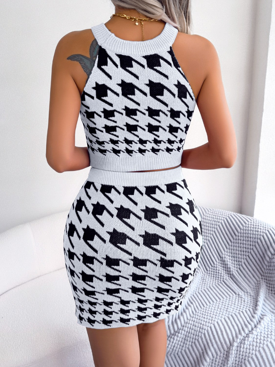 Conjunto de suéter y falda sin mangas con estampado de pata de gallo