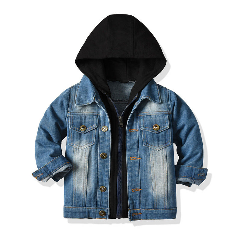 Chaqueta vaquera falsa de dos piezas para niños, sudadera informal de moda con capucha para niños