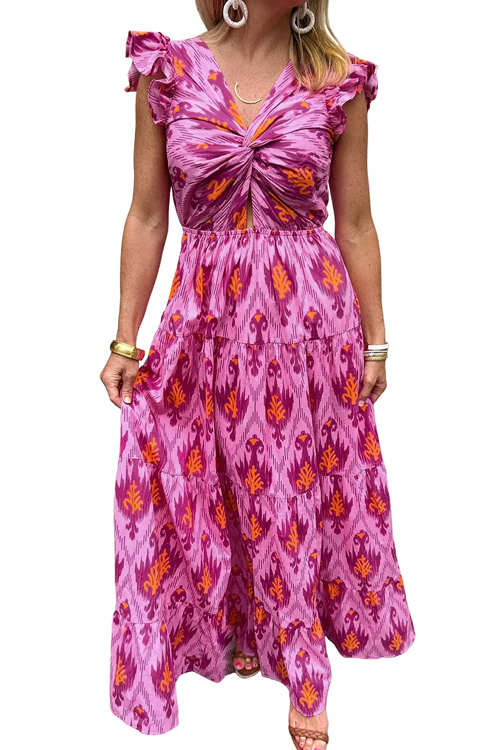 Vestido largo con volantes y estampado abstracto estilo bohemio Bonbon