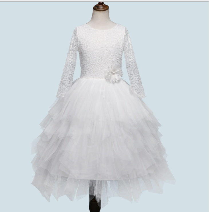 Falda hueca de otoño e invierno con explosiones para niñas, vestido de princesa blanco de manga larga con encaje, vestido irregular