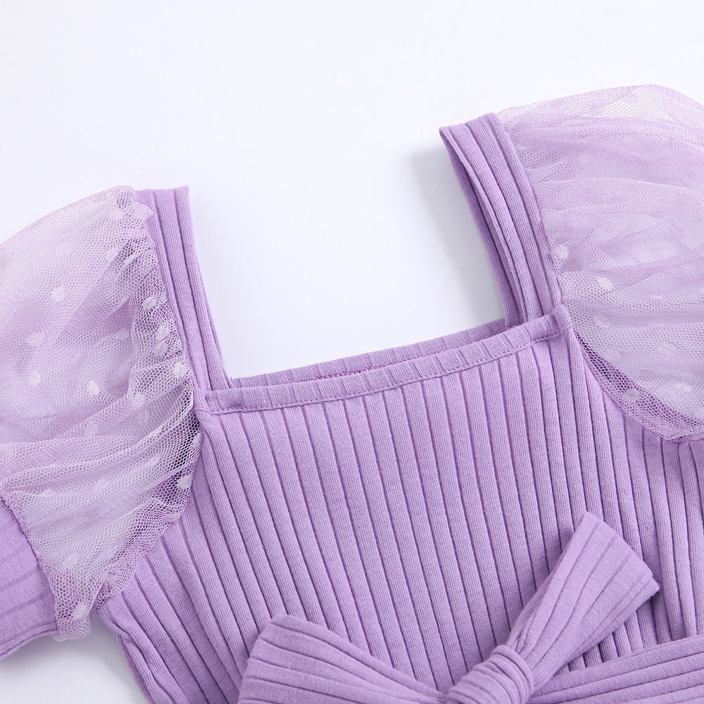 Ropa para niños Mono de manga abullonada transparente con cuello cuadrado y cinturón para niñas