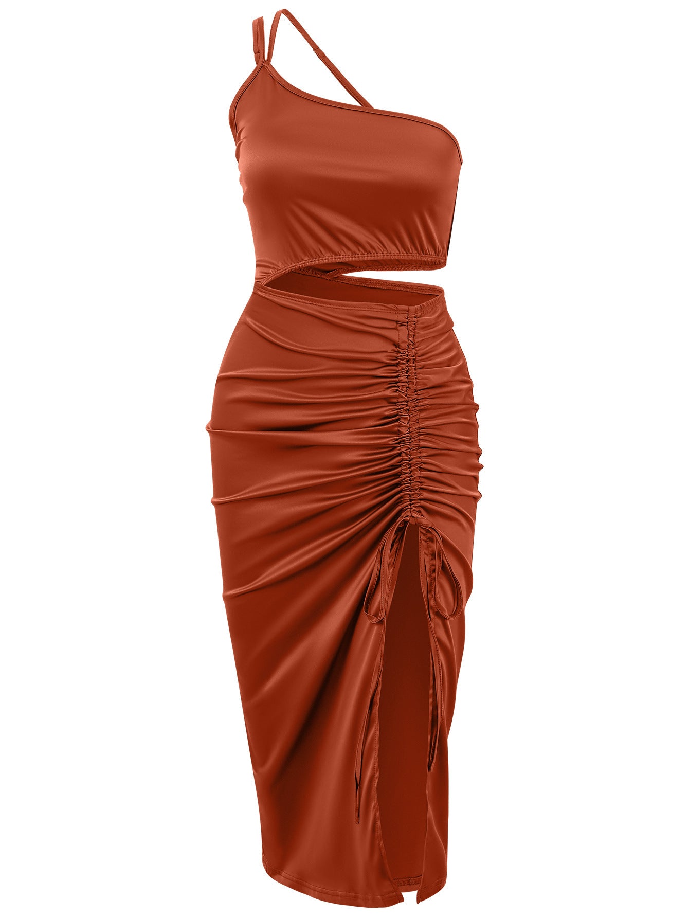 Vestido con abertura en el abdomen y hombros oblicuos en color sólido
