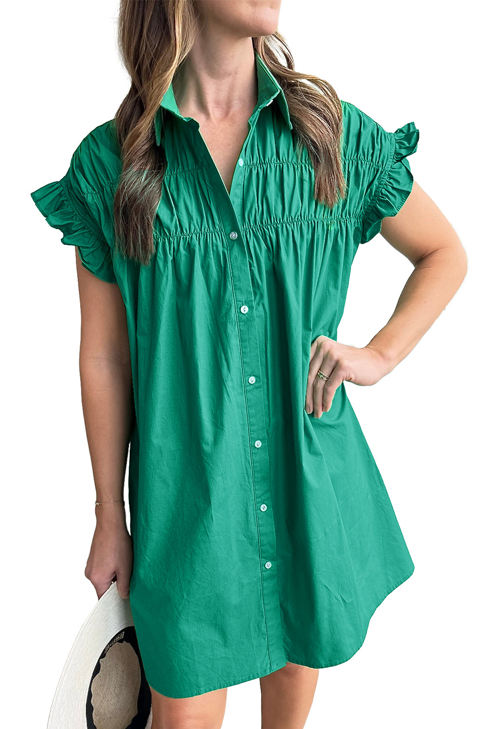 Vestido camisero con botones y mangas fruncidas con volantes de color verde brillante