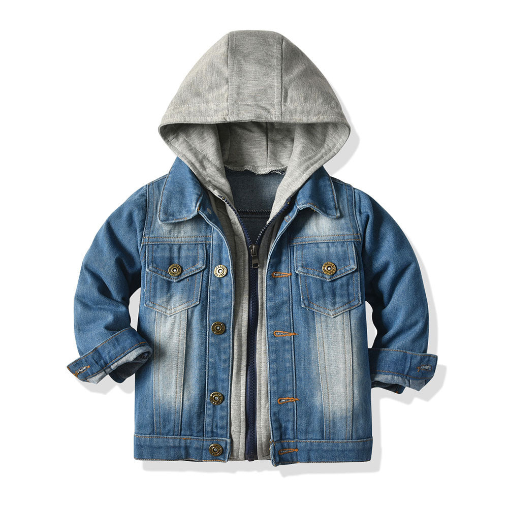 Chaqueta vaquera falsa de dos piezas para niños, sudadera informal de moda con capucha para niños