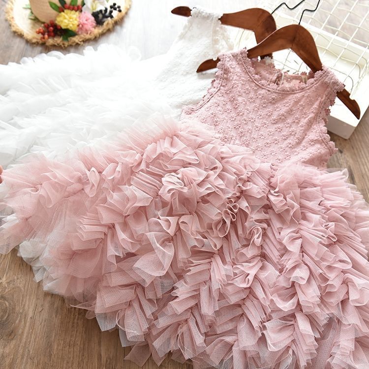 Falda hueca de otoño e invierno con explosiones para niñas, vestido de princesa blanco de manga larga con encaje, vestido irregular