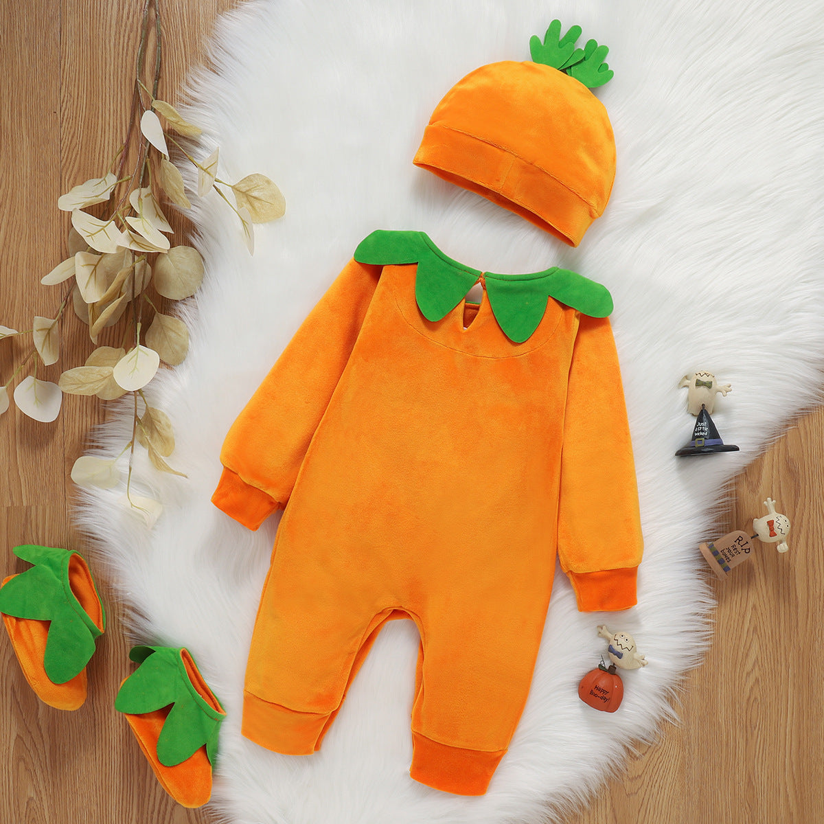 Conjunto de tres piezas de mameluco de manga larga y gorro de una pieza para bebé de Halloween