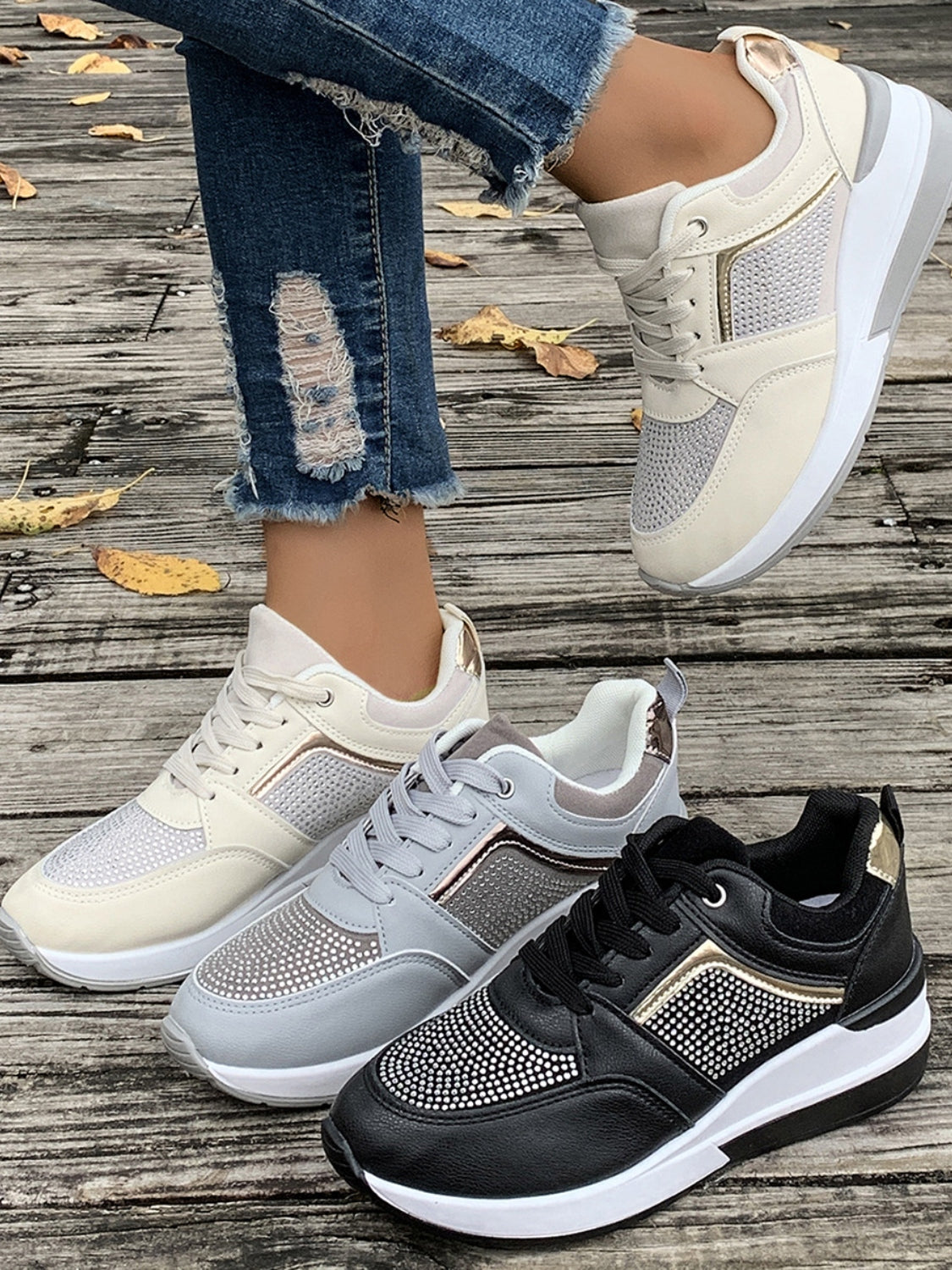 Zapatillas de cuña con cordones y diamantes de imitación