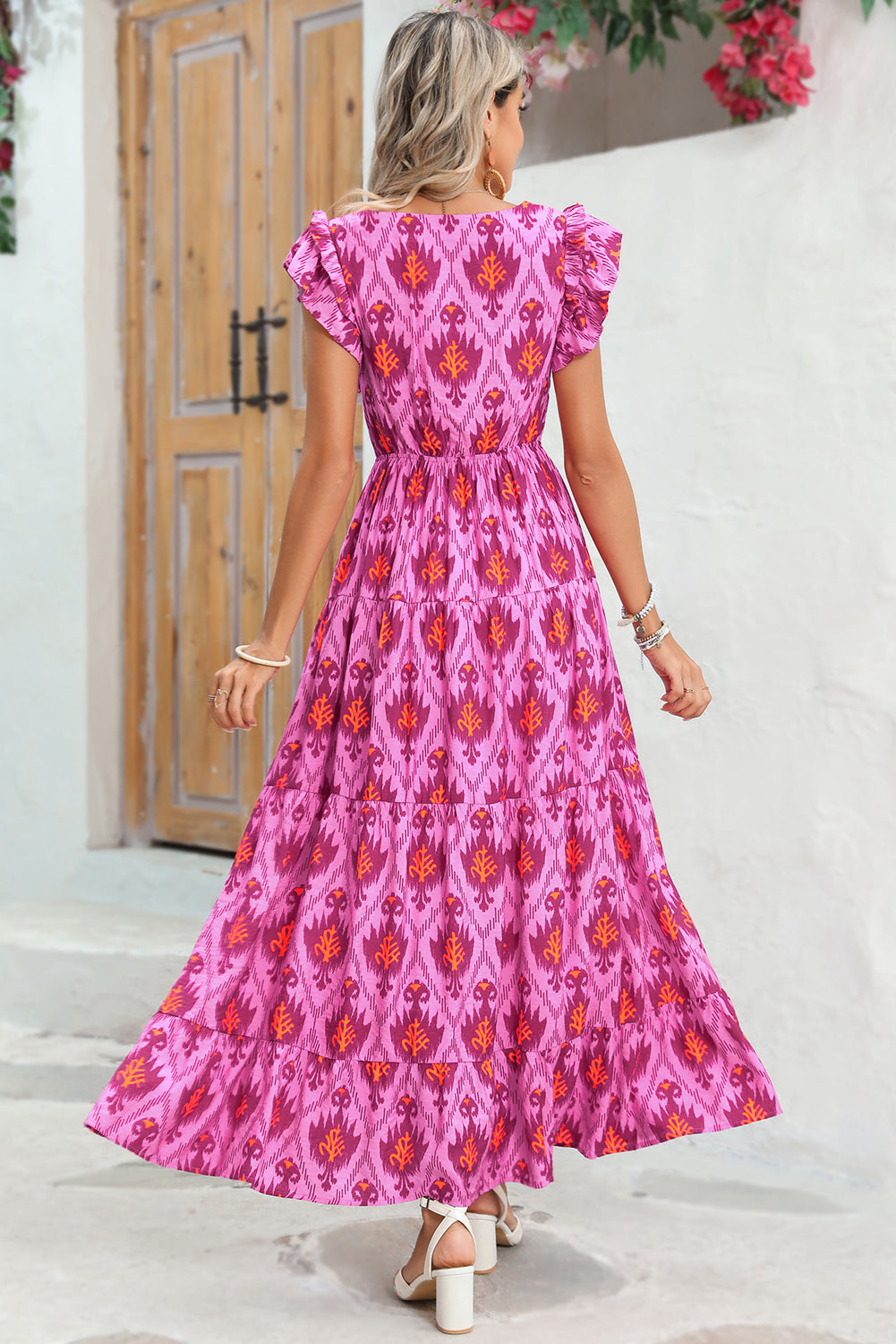Vestido largo con volantes y estampado abstracto estilo bohemio Bonbon