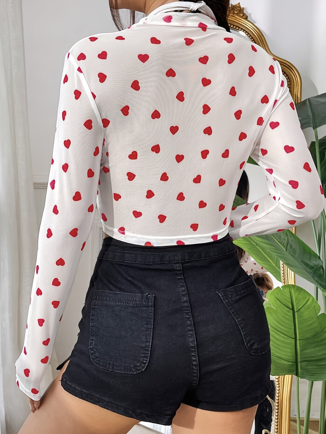 Blusa transparente de manga larga con cuello redondo y corazón