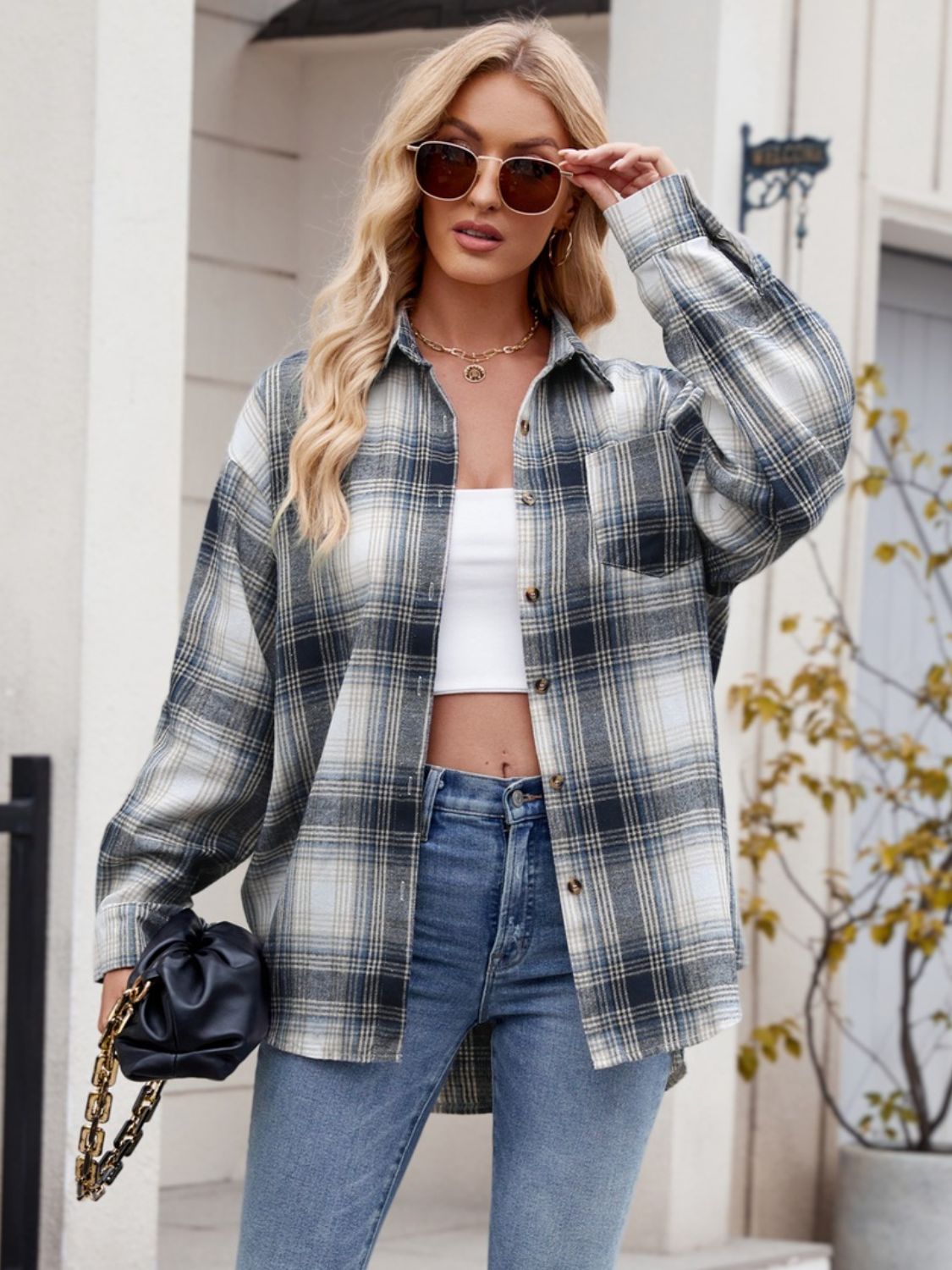 Camisa de manga larga con cuello a cuadros