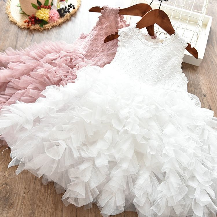 Falda hueca de otoño e invierno con explosiones para niñas, vestido de princesa blanco de manga larga con encaje, vestido irregular