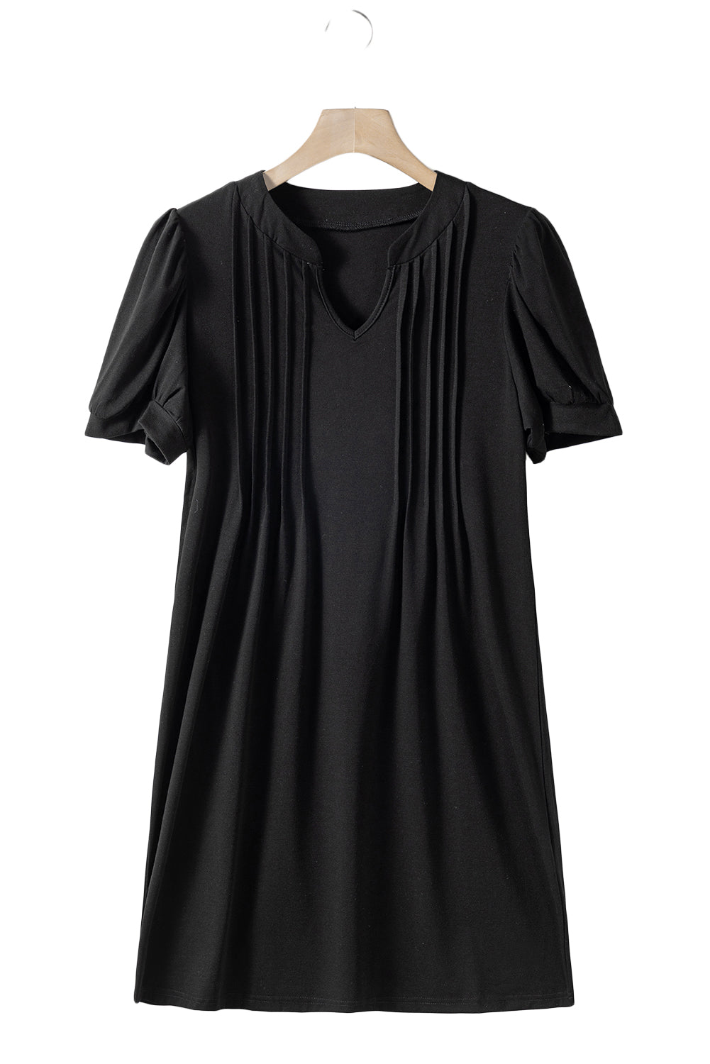 Vestido camisero plisado con mangas abullonadas y cuello con muescas en color negro