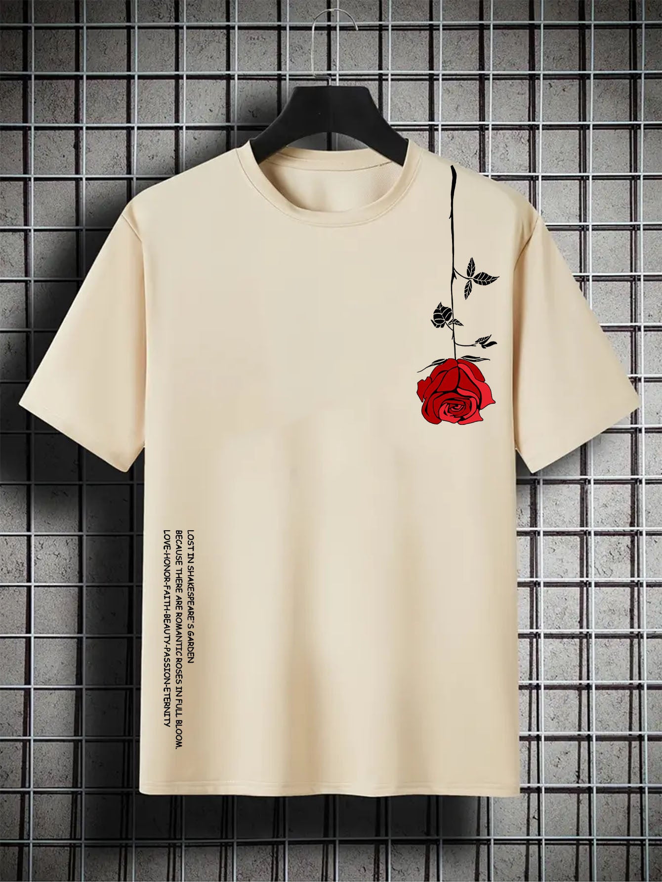 Camiseta retro con cuello redondo, mangas cortas y estampado de rosas invertidas