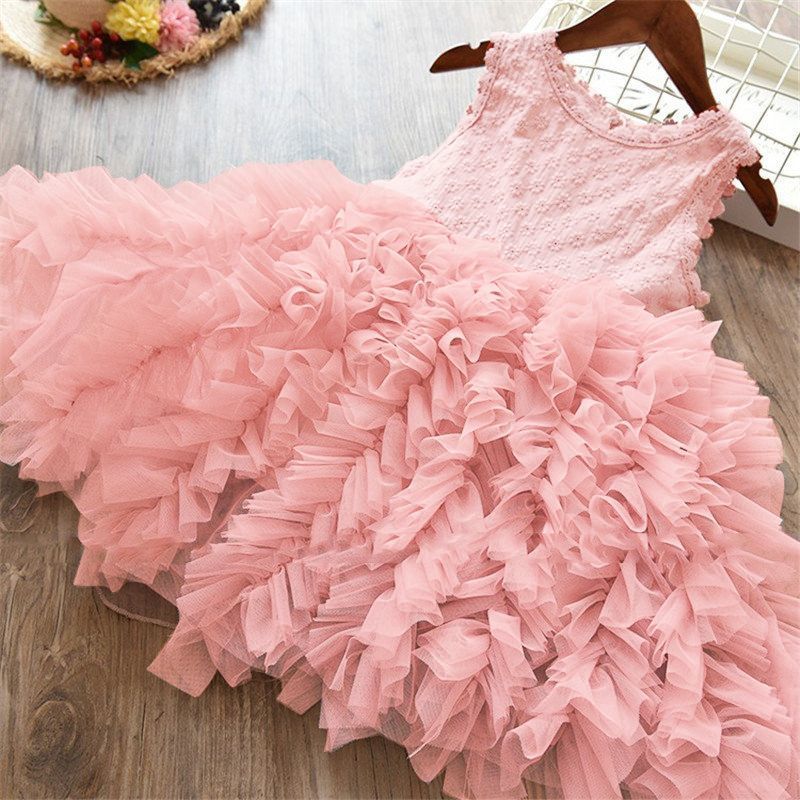 Falda hueca de otoño e invierno con explosiones para niñas, vestido de princesa blanco de manga larga con encaje, vestido irregular