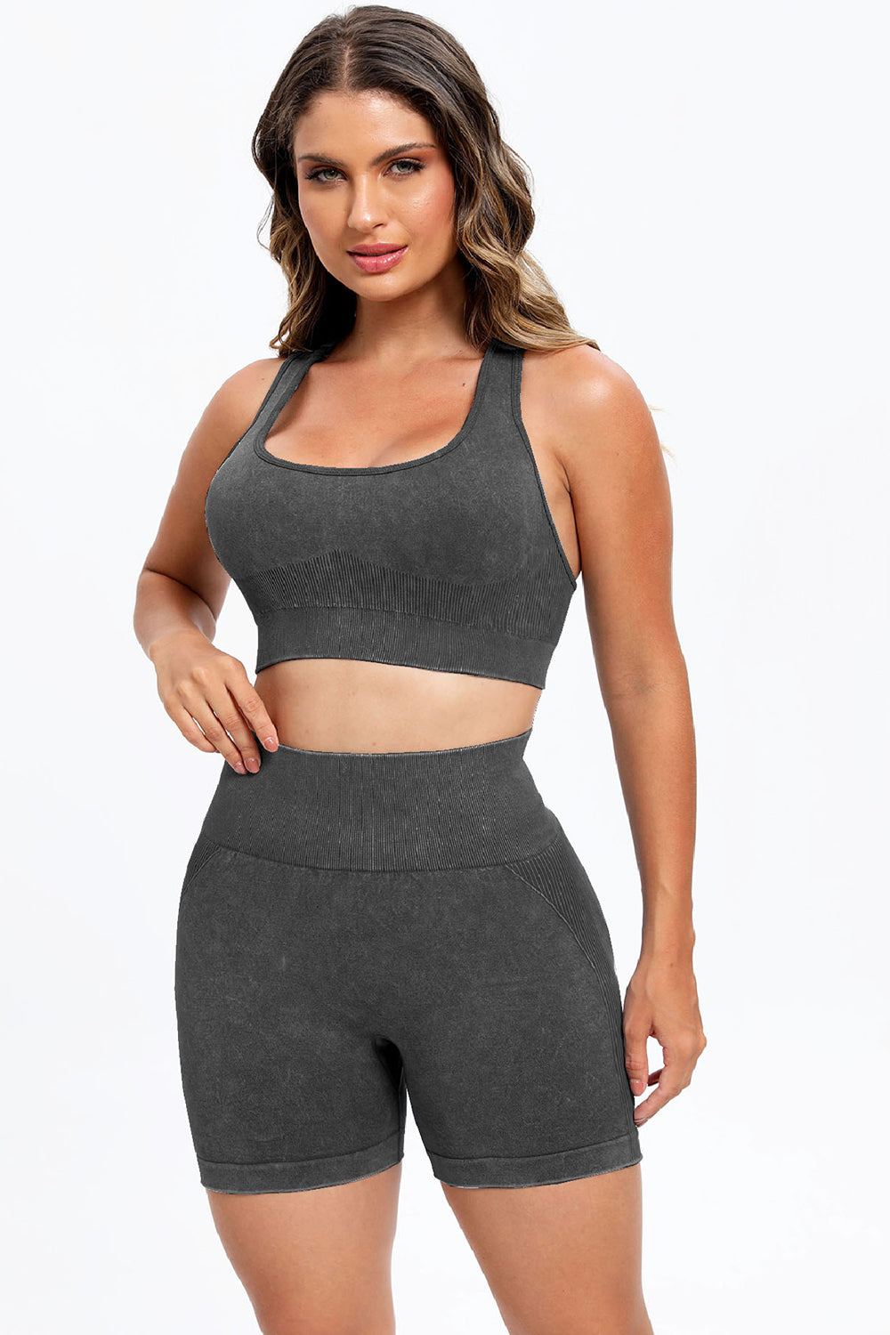 3-Piece Washed Square Neck Wide Strap Active Set – Stylish & Comfortable