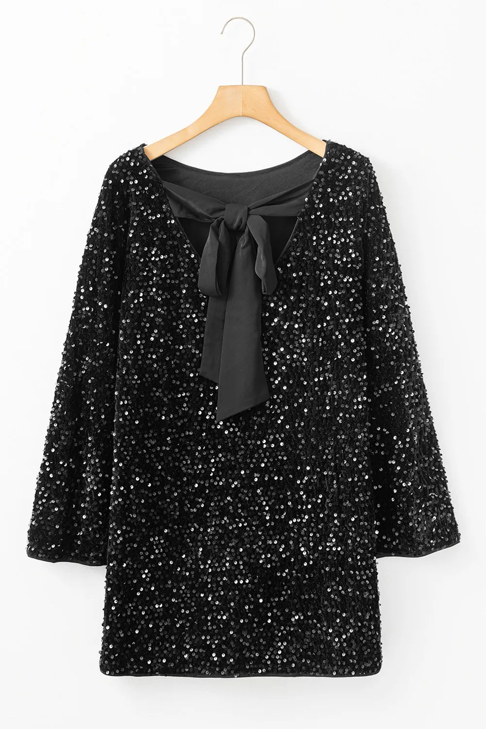 Vestido mini de manga larga con cuello redondo y lentejuelas