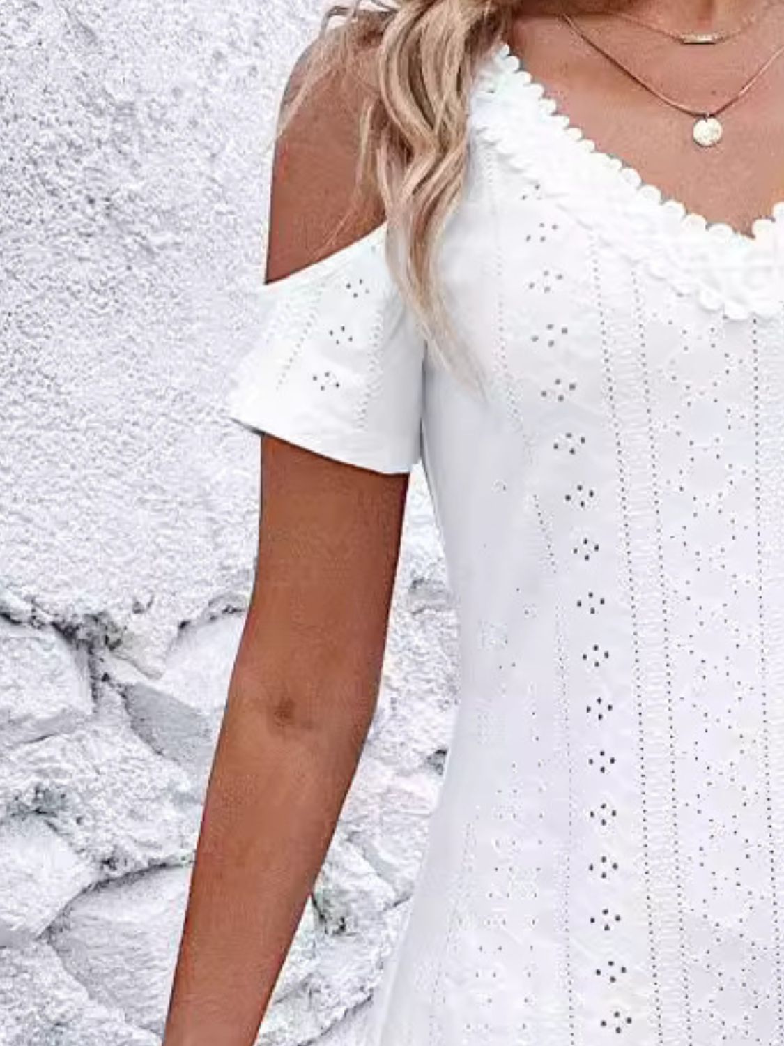 Eyelet V-Neck Cold Shoulder Mini Dress – Elegant & Trendy
