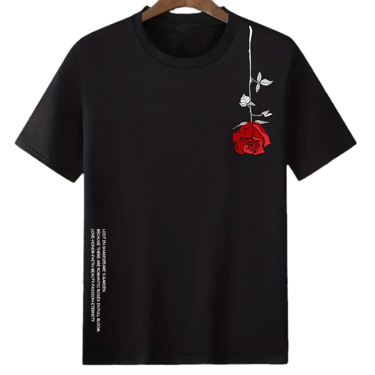 Camiseta retro con cuello redondo, mangas cortas y estampado de rosas invertidas