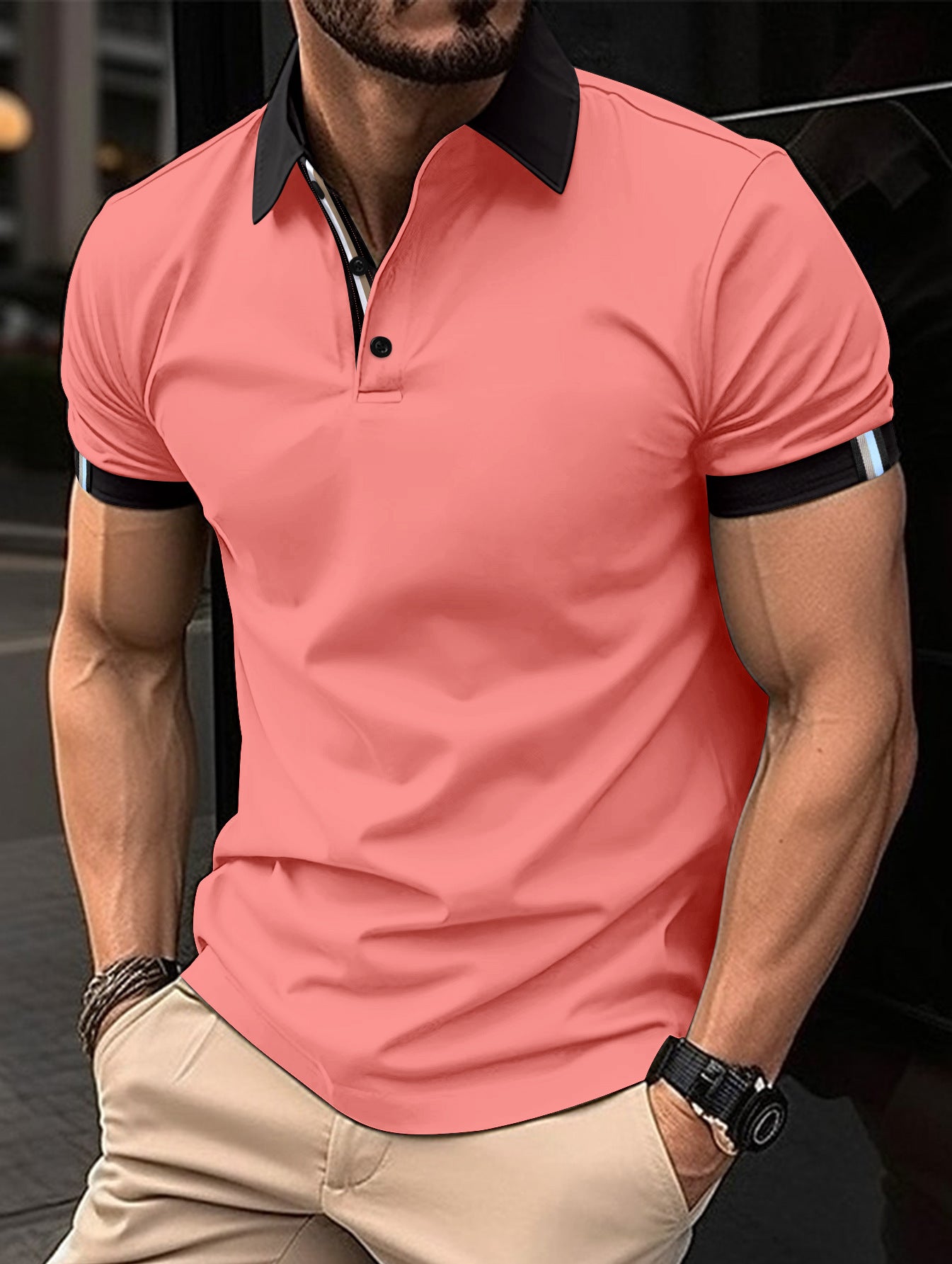 Camisa informal de color liso con botones y mangas cortas para hombre