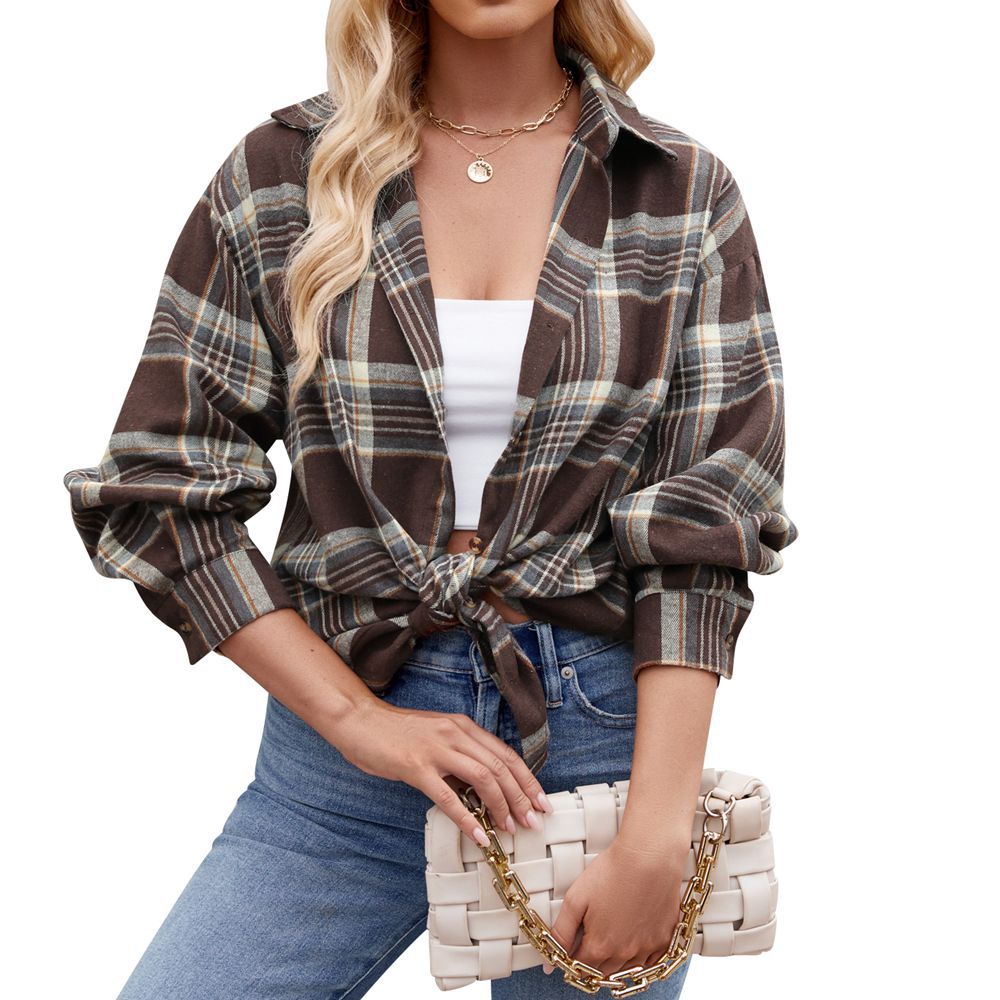 Camisa holgada de cuadros informales y de moda para mujer