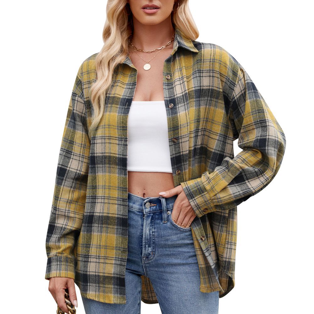 Camisa holgada de cuadros informales y de moda para mujer