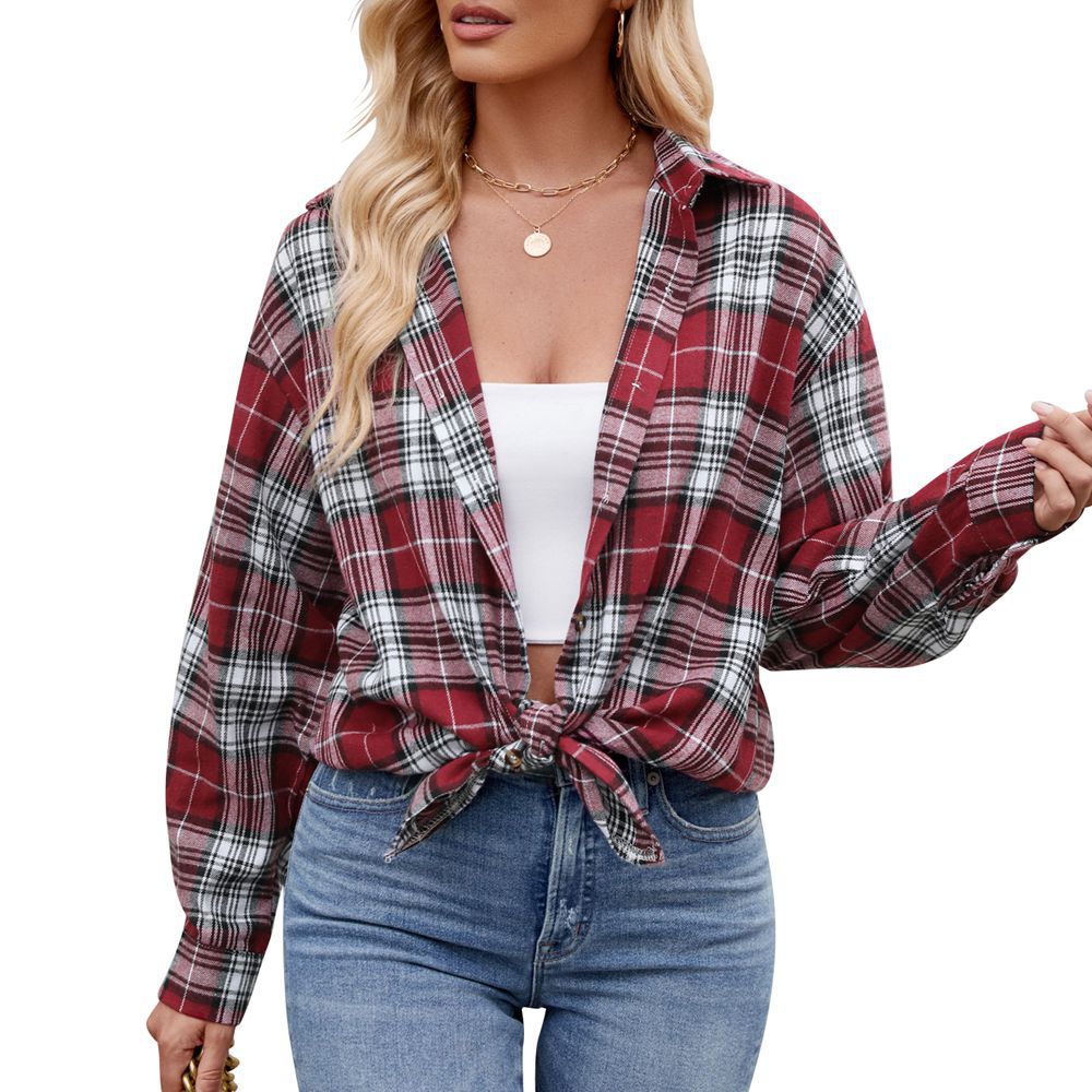 Camisa holgada de cuadros informales y de moda para mujer