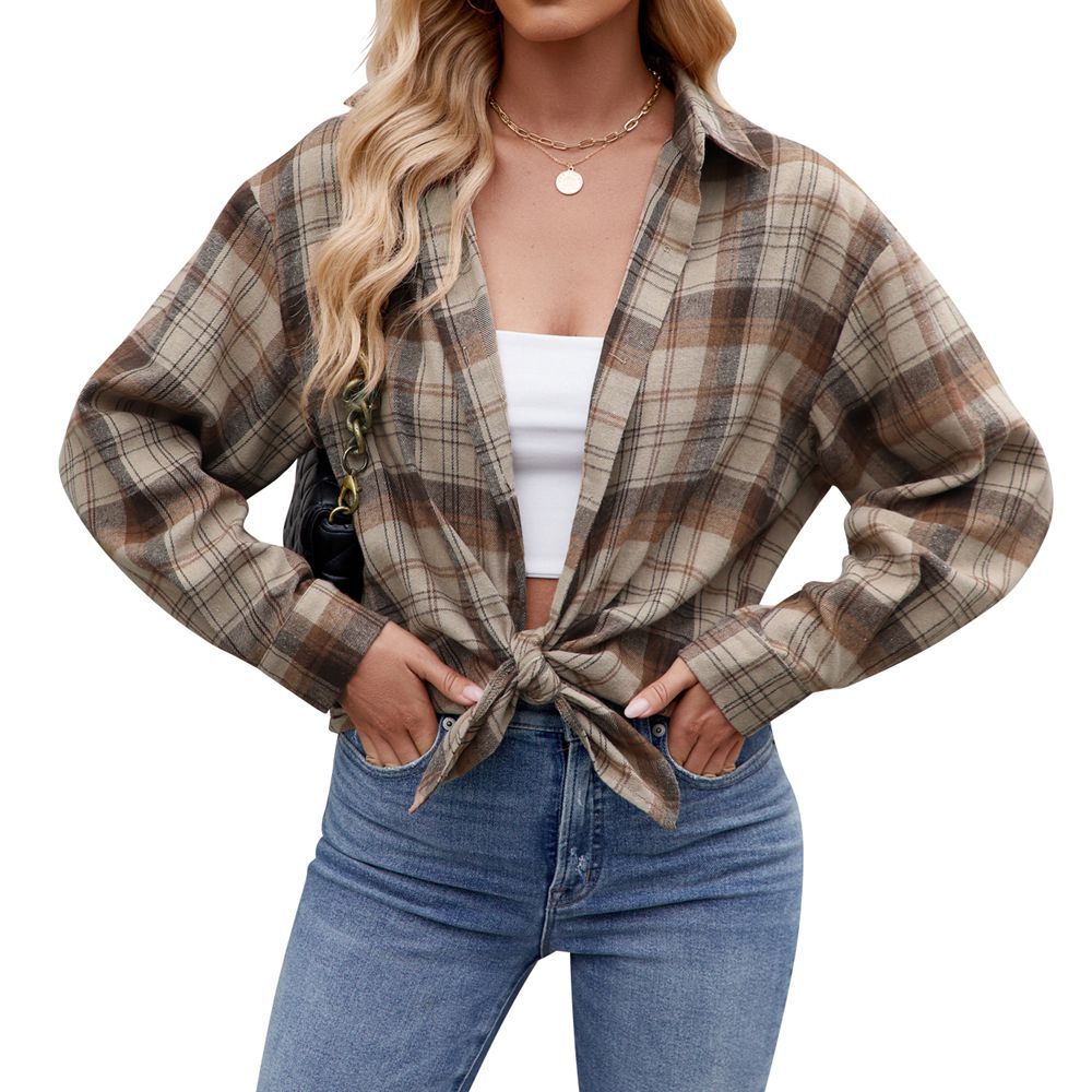 Camisa holgada de cuadros informales y de moda para mujer