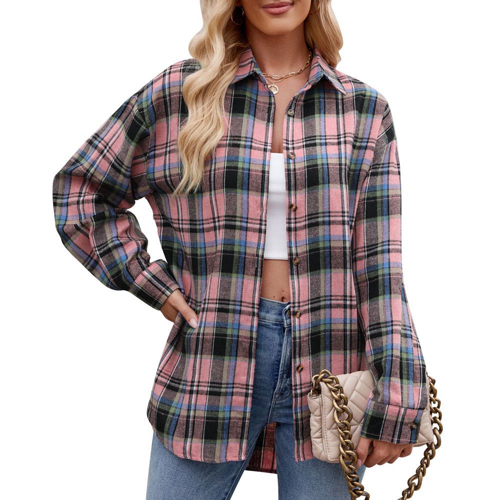 Camisa holgada de cuadros informales y de moda para mujer
