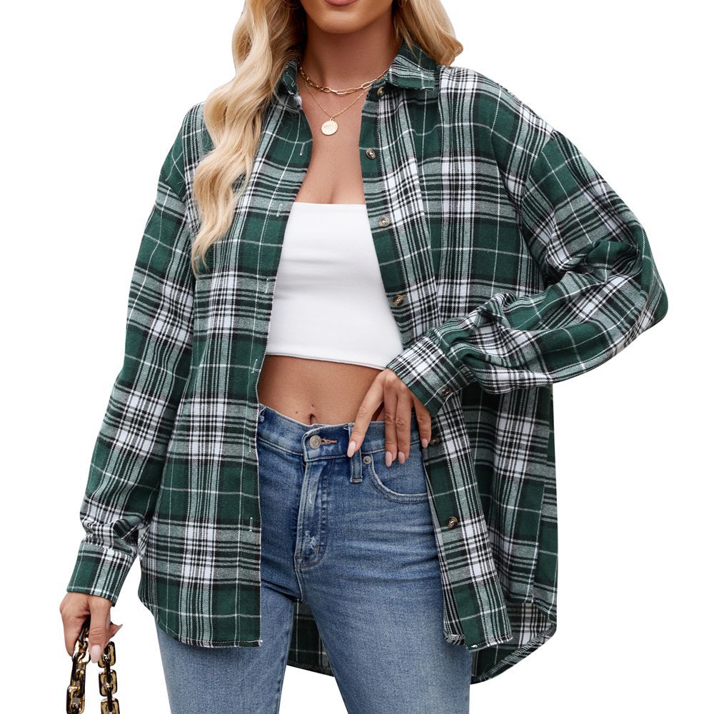 Camisa holgada de cuadros informales y de moda para mujer